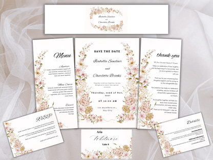 Luxury Floral Wedding invitation Bundle, Editable Canva Template, Details, RVSP, Instant Download MTC397