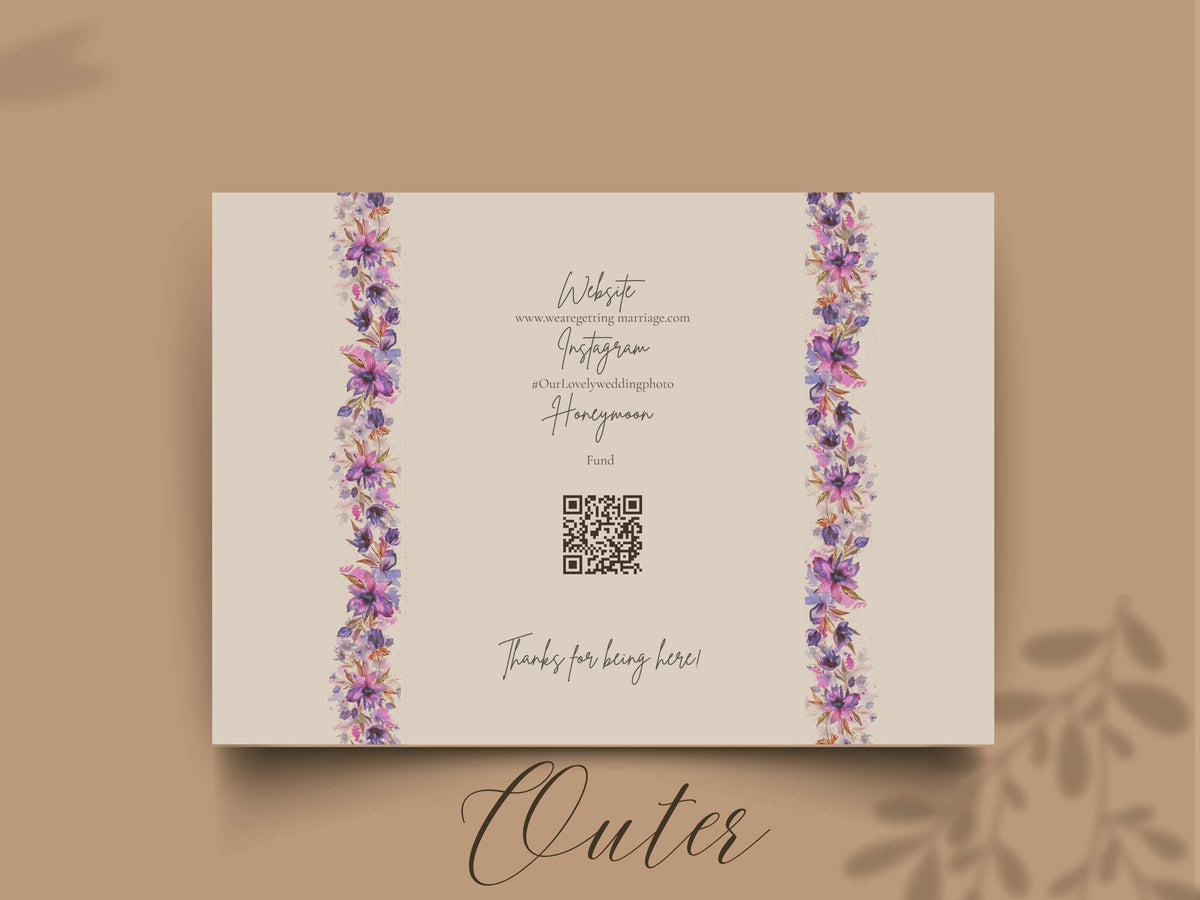 Floral Gatefold Wedding Invitation | Timeline Wedding Card | Modern Purple and Gold Details | Printable Schedule & Reception Invite. WI163