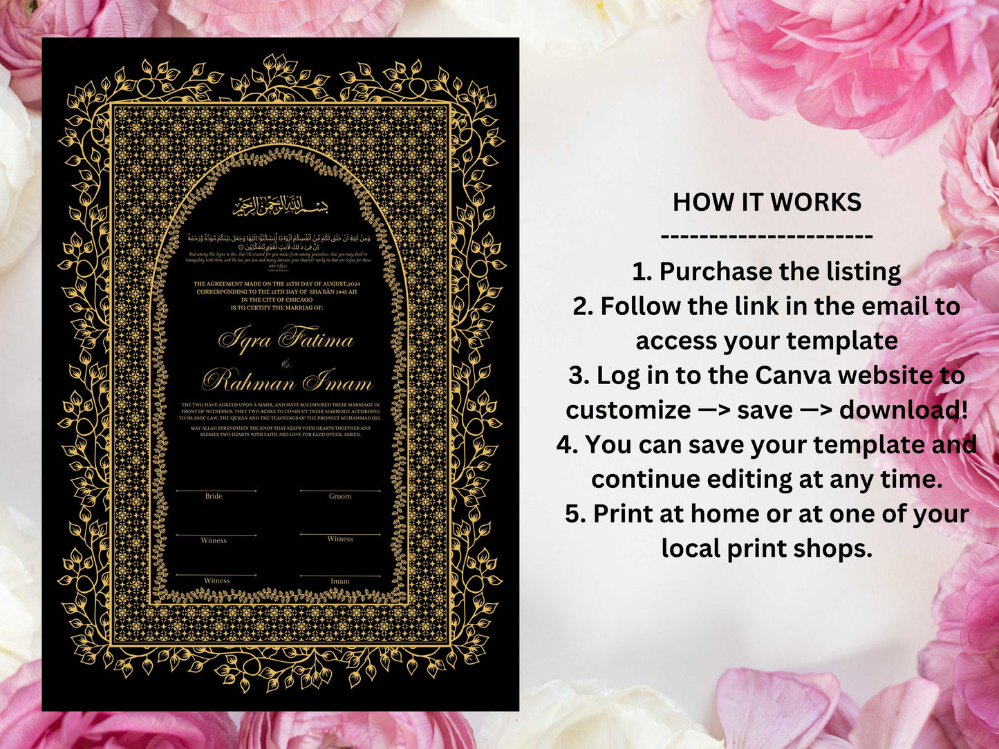 Luxury Nikkah Contract, Digital Printable Personalised Customised Nikkah Certificate, Custom Nikah Nama, Islamic Wedding Contract. NN226