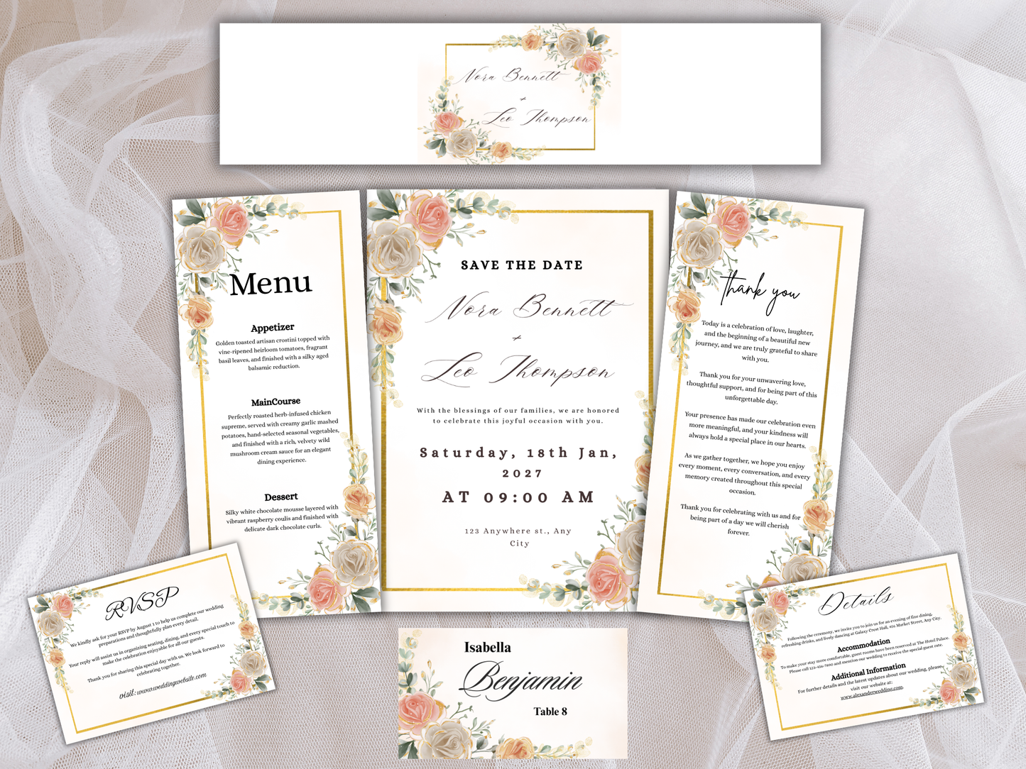 Peach & Ivory Floral Wedding Invitation Suite,  RSVP, Details, Menu, Thank You, Digital Download  MTC407