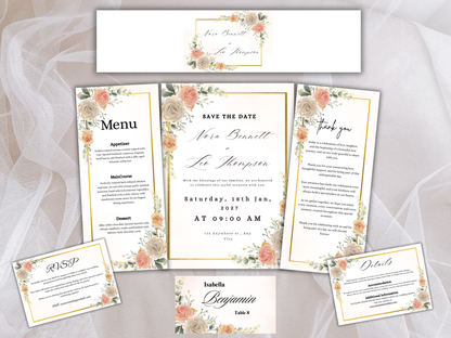 Peach & Ivory Floral Wedding Invitation Suite,  RSVP, Details, Menu, Thank You, Digital Download  MTC407