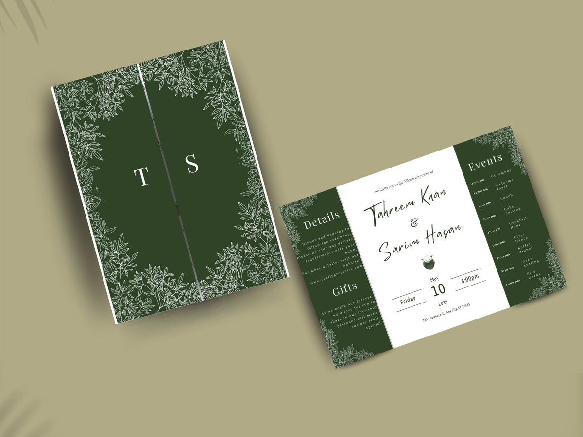 Elegant Green Floral Wedding Invitation Template | Modern Folded Wedding Invite with Timeline | Printable Wedding Suite. WI151