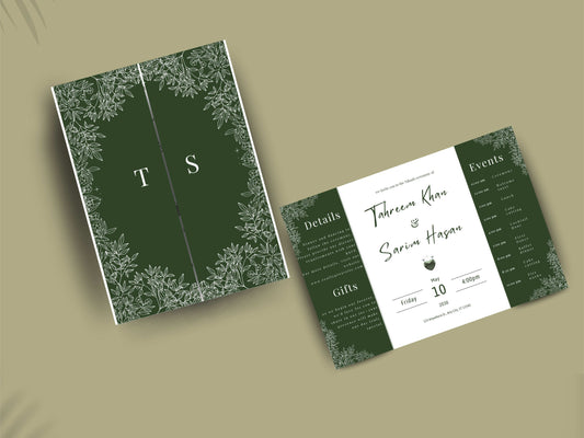 Elegant Green Floral Wedding Invitation Template | Modern Folded Wedding Invite with Timeline | Printable Wedding Suite. WI151