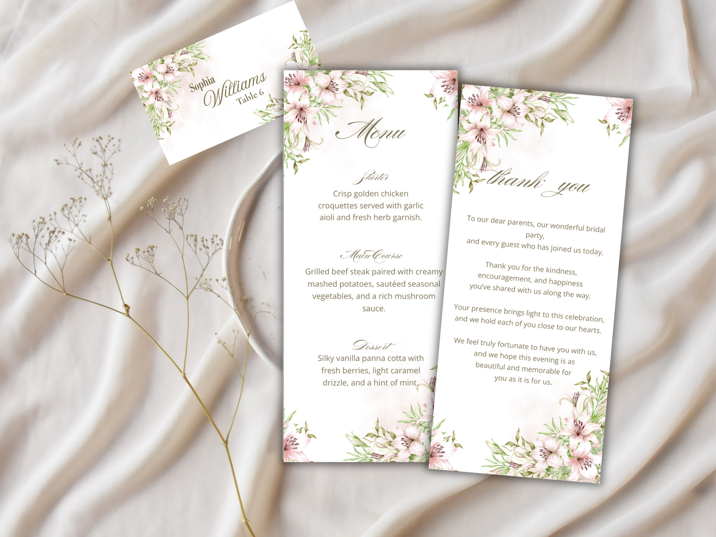 Wedding Thank you Card, Menu Card, Table Card. WI302