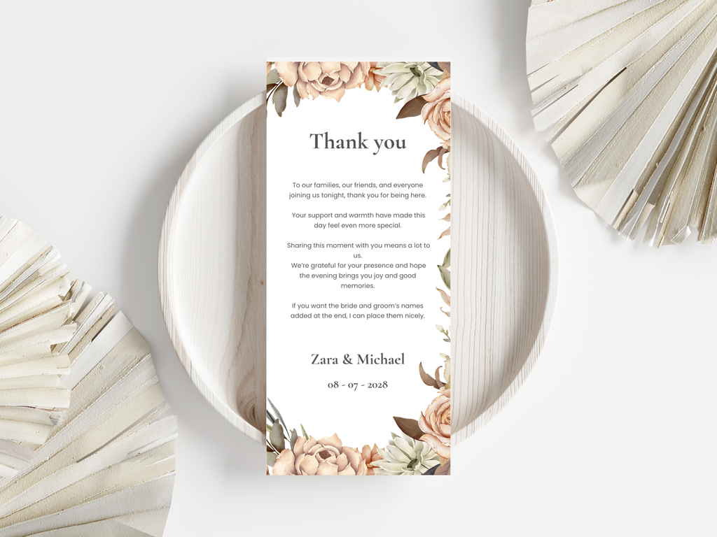 Wedding Menu & Thank You Template | Editable Canva Place Card. WI218