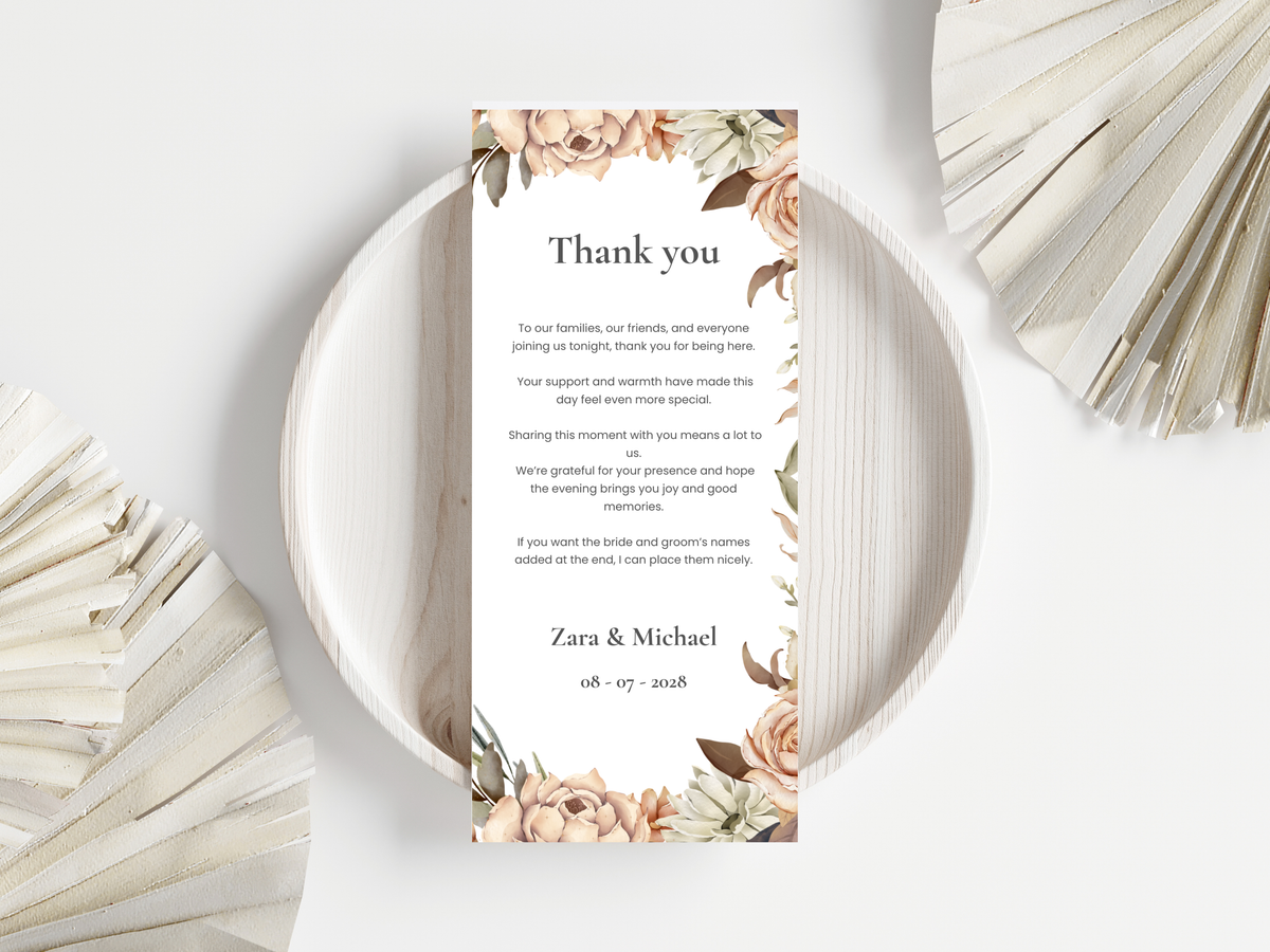 Wedding Menu & Thank You Template | Editable Canva Place Card. WI218