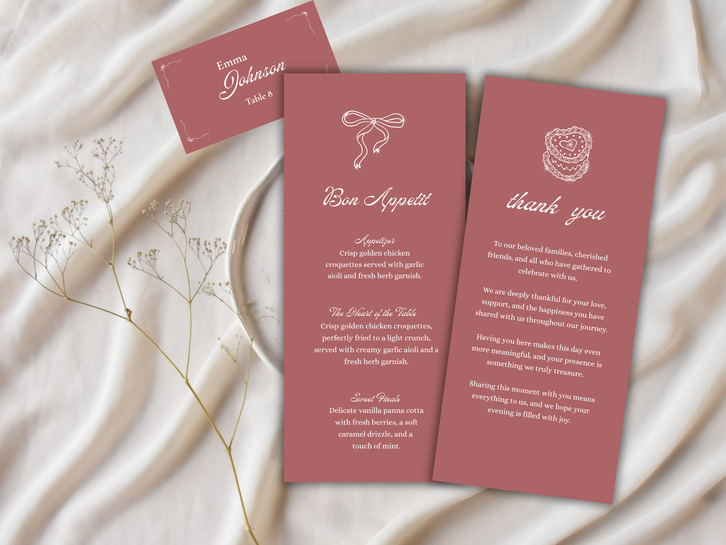 Wedding Thank you Card, Menu Card, Table Card. WI325