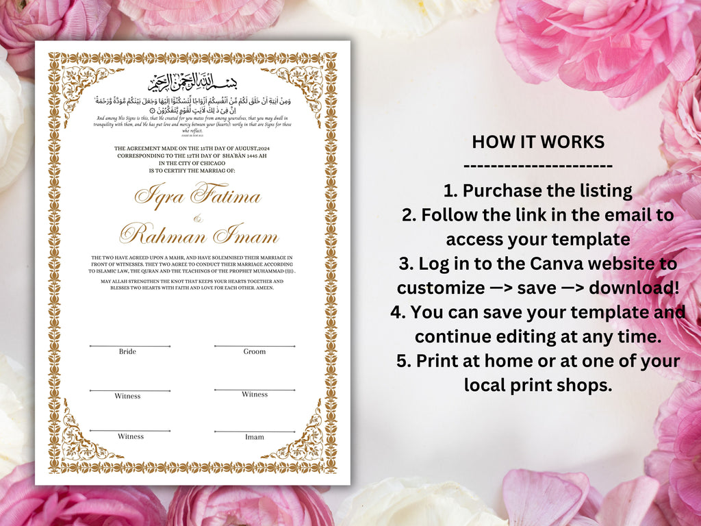 Nikkah Certificate, Nikkah Islamic Marriage Certificate, Printable, Custom Name Nikkah. Quran Verse, Digital Download. NN218