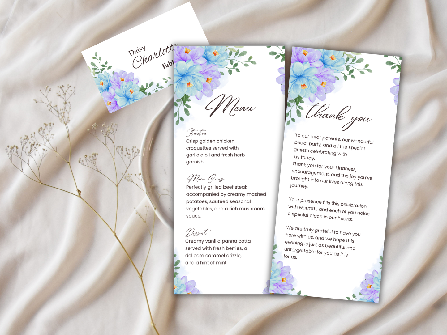 Wedding Thank you Card, Menu Card, Table Card. WI313
