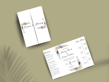 Floral Gatefold Wedding Invitation | Elegant Timeline Wedding Card | Modern Botanical Wedding Invitation with Details & Schedule. WI155