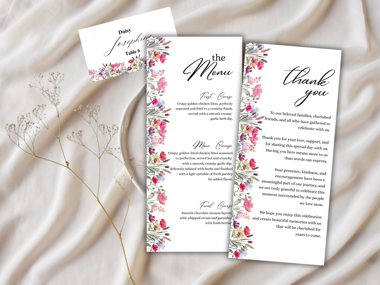 Wedding Thank you Card, Menu Card, Table Card. WI376