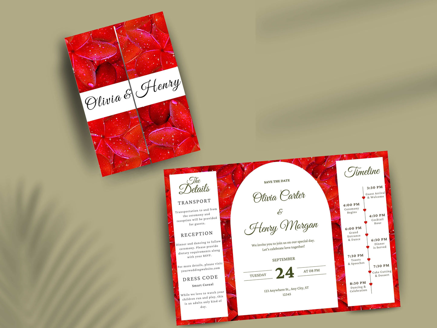 Red Rose Gatefold Wedding Invitation Template | Save The Date | Timeline & Details Card | Printable Wedding Invite | Editable PDF. WI153