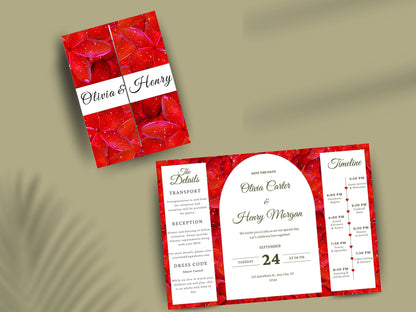Red Rose Gatefold Wedding Invitation Template | Save The Date | Timeline & Details Card | Printable Wedding Invite | Editable PDF. WI153