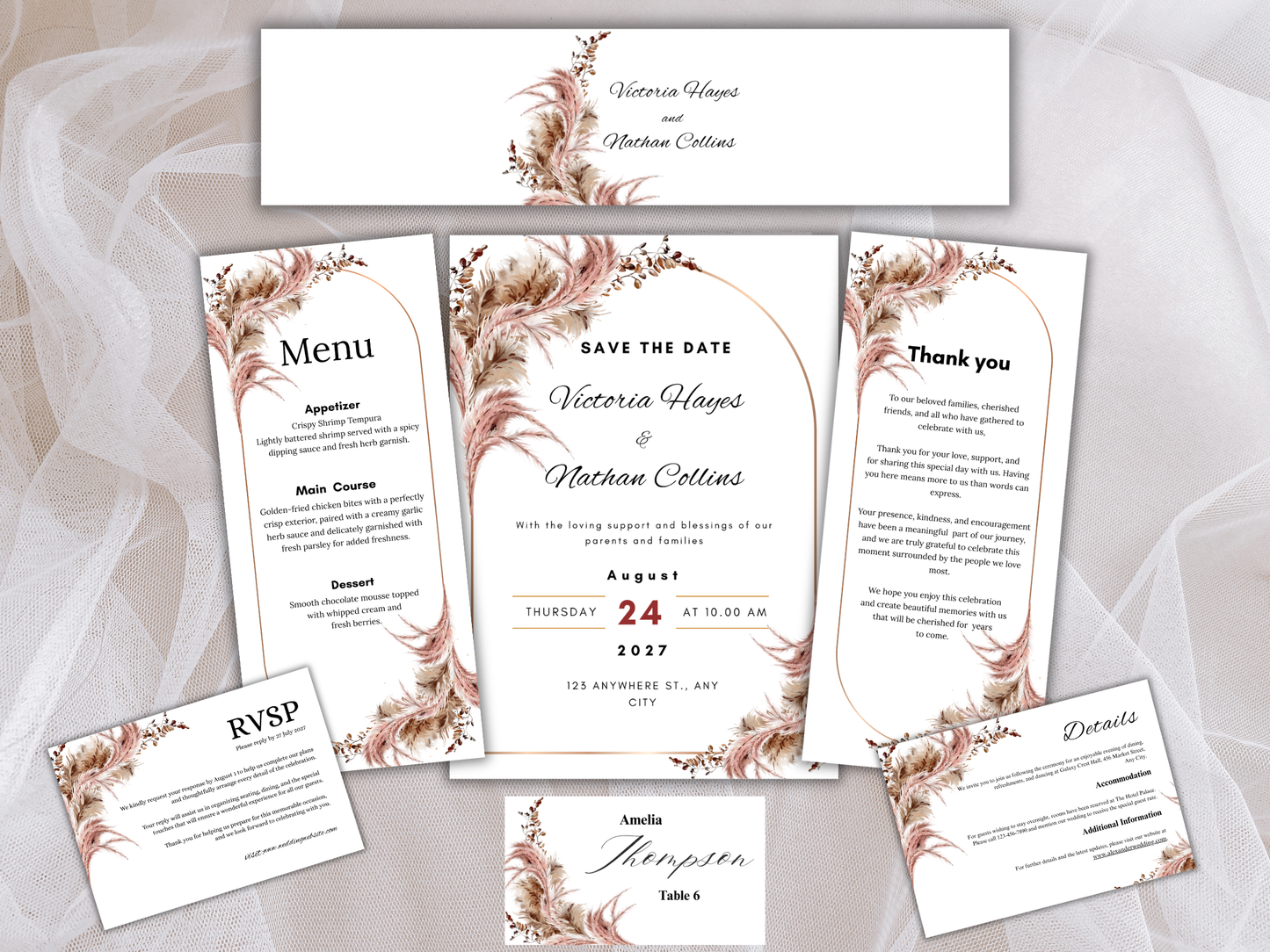 Blush Pampas Wedding Invitation Suite, Editable RSVP, Details, Menu & Thank You (Digital Download) MTC389