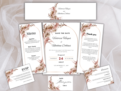 Blush Pampas Wedding Invitation Suite, Editable RSVP, Details, Menu & Thank You (Digital Download) MTC389