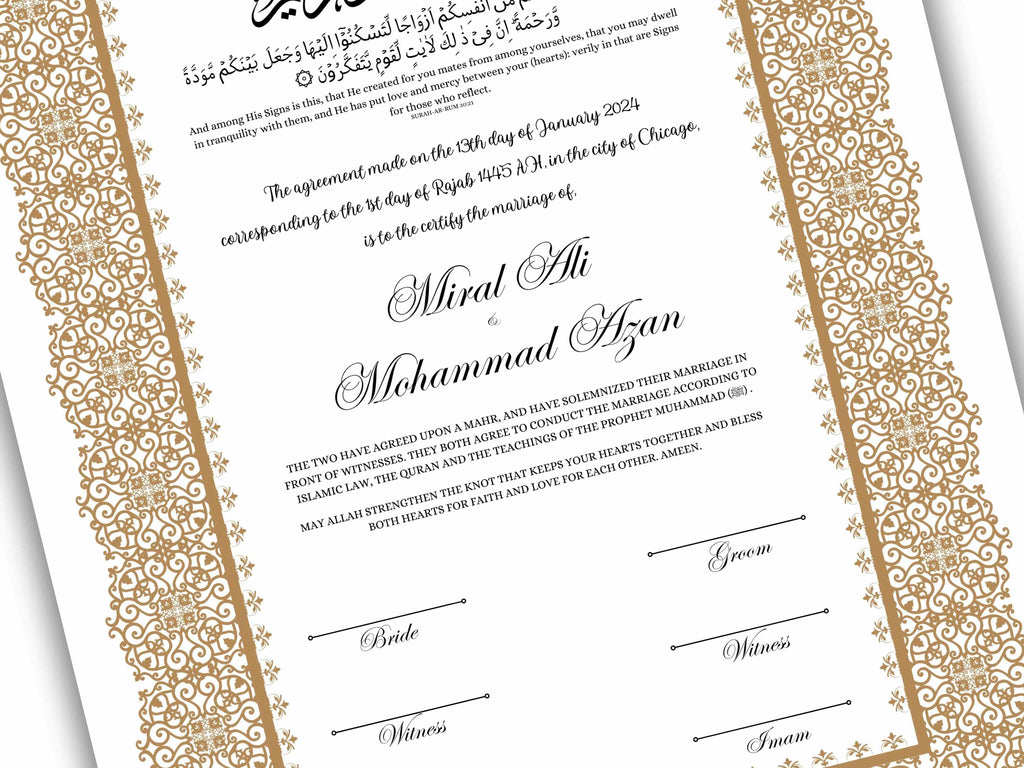Luxury Nikkah Certificate, Premium A4/A3 Islamic Wedding Contract, Nikkah Nama, Muslim Marriage Certificate, Personalised Names, NN198