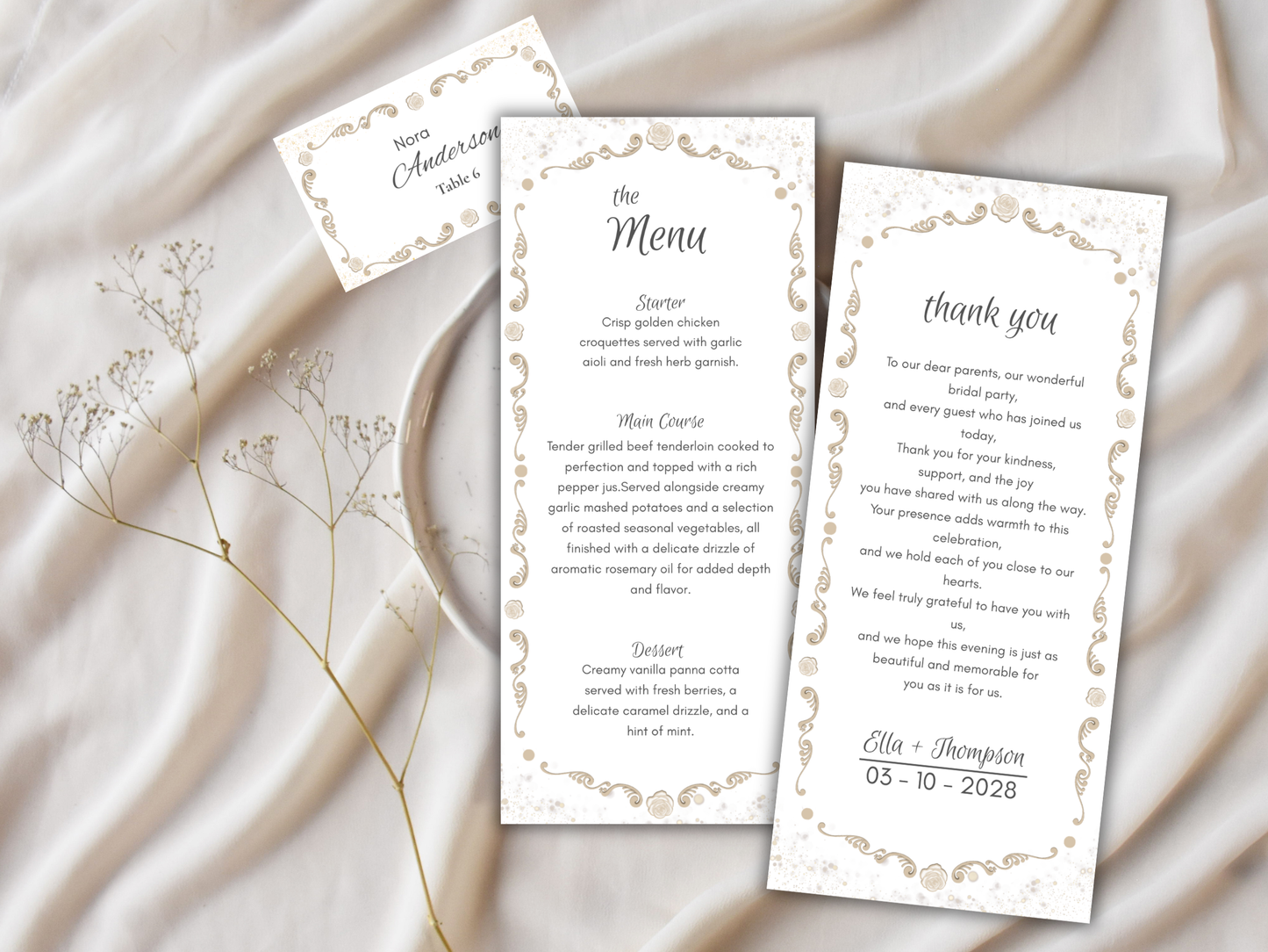 Wedding Thank you Card, Menu Card, Table Card. WI305