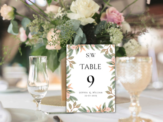 Wedding Table Numbers Template, Wedding Table Numbers, Pink Flower, Floral Wreath, Printable Table Numbers, Wedding Seating Chart. TS2