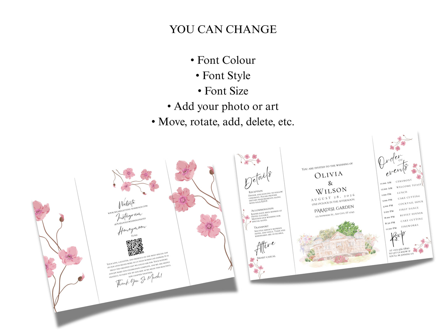 Elegant Trifold Wedding Invitation Template, Blossom Floral Wedding Invite, Editable Printable Invite, Garden Ceremony Card. WEIB121