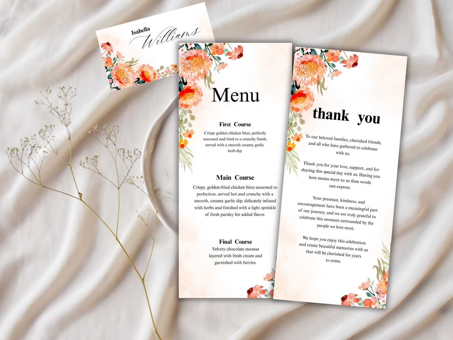 Wedding Thank you Card, Menu Card, Table Card. WI370