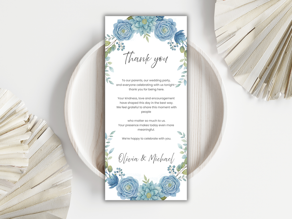 Floral Wedding Menu & Thank You Template | Editable Canva Place Card. WI206