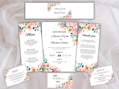 Luxury Blush Wedding Invitation Bundle, Floral Menu, RSVP, Details Card Template MTC383