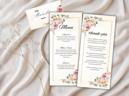Luxury Wedding Menu, Thank You & Table Cards,  Editable Canva Template WI398