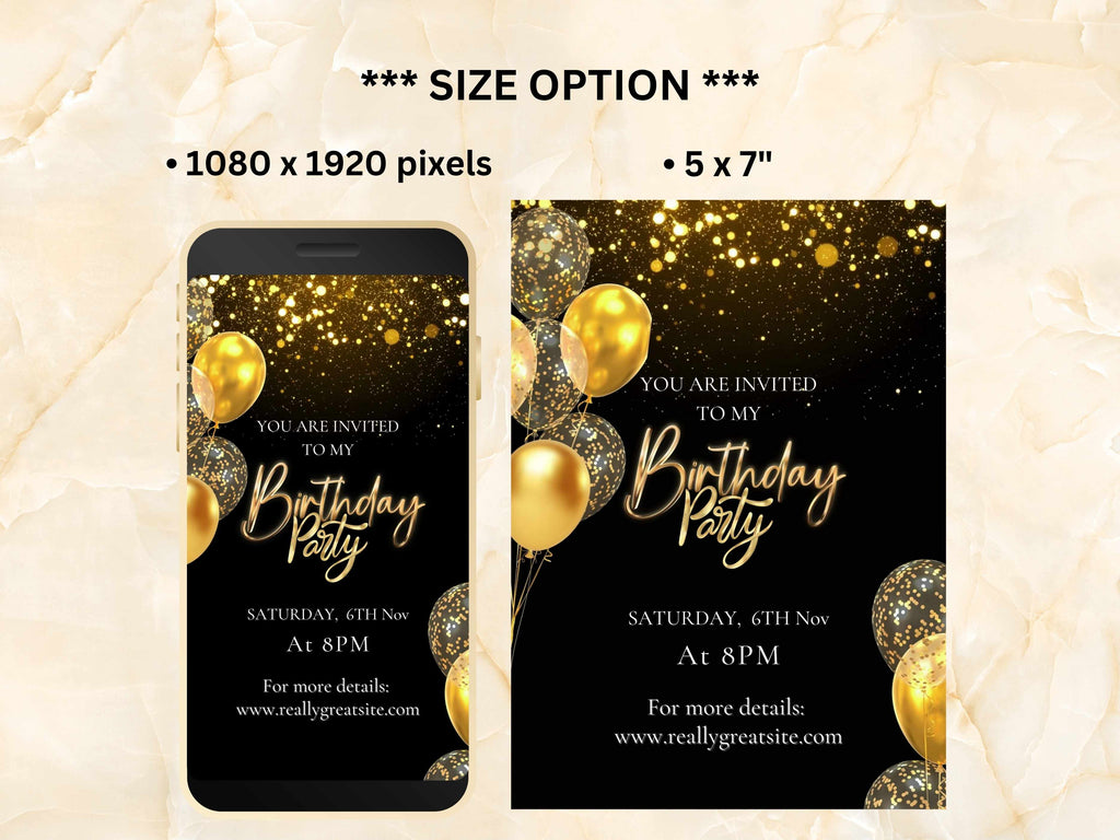 Birthday party invitation with gold balloons on a black background, displayed on a phone and a paper size reference.