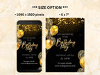 Birthday party invitation with gold balloons on a black background, displayed on a phone and a paper size reference.