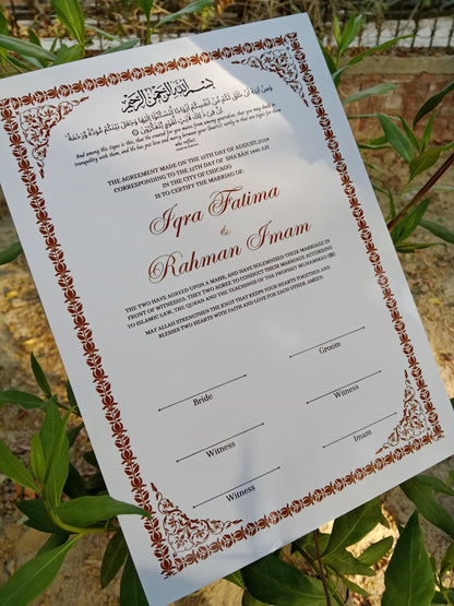 A4 Nikkah Certificate , Nikkah Certificate, Nikkahnama, Muslim Marriage Certificate, A4 Certificate