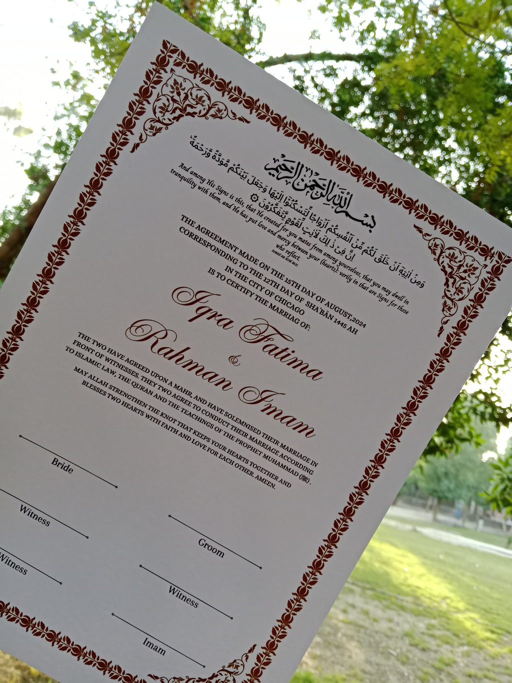 A3 Nikkah Certificate , Nikkah Certificate, Nikkahnama, Muslim Marriage Certificate, A3 Certificate