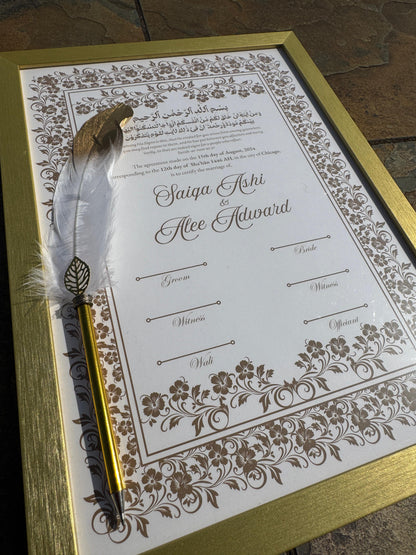 Brown Nikkah Certificate with Feather Pen and Gold Frame, Nikkah Certificate, Muslim Marriage Certificate, A4 Certificate. 48