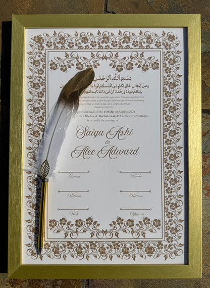 Brown Nikkah Certificate with Feather Pen and Gold Frame, Nikkah Certificate, Muslim Marriage Certificate, A4 Certificate. 48
