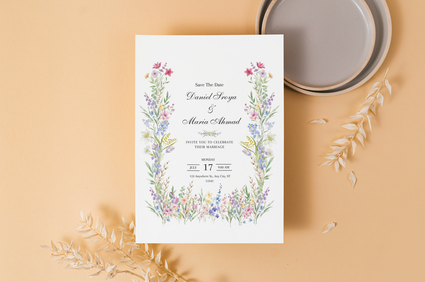 Wedding card 5 x 7, Physical Wedding Invitation, Wild card invitation, Modern Wedding Invite, Summer wedding card, Personalized, Card B86
