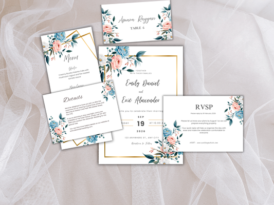 Wedding Invitation Bundle, RSVP, Thank You Card, Table Card, Menu Card, Reception Card, Details Card. WI238