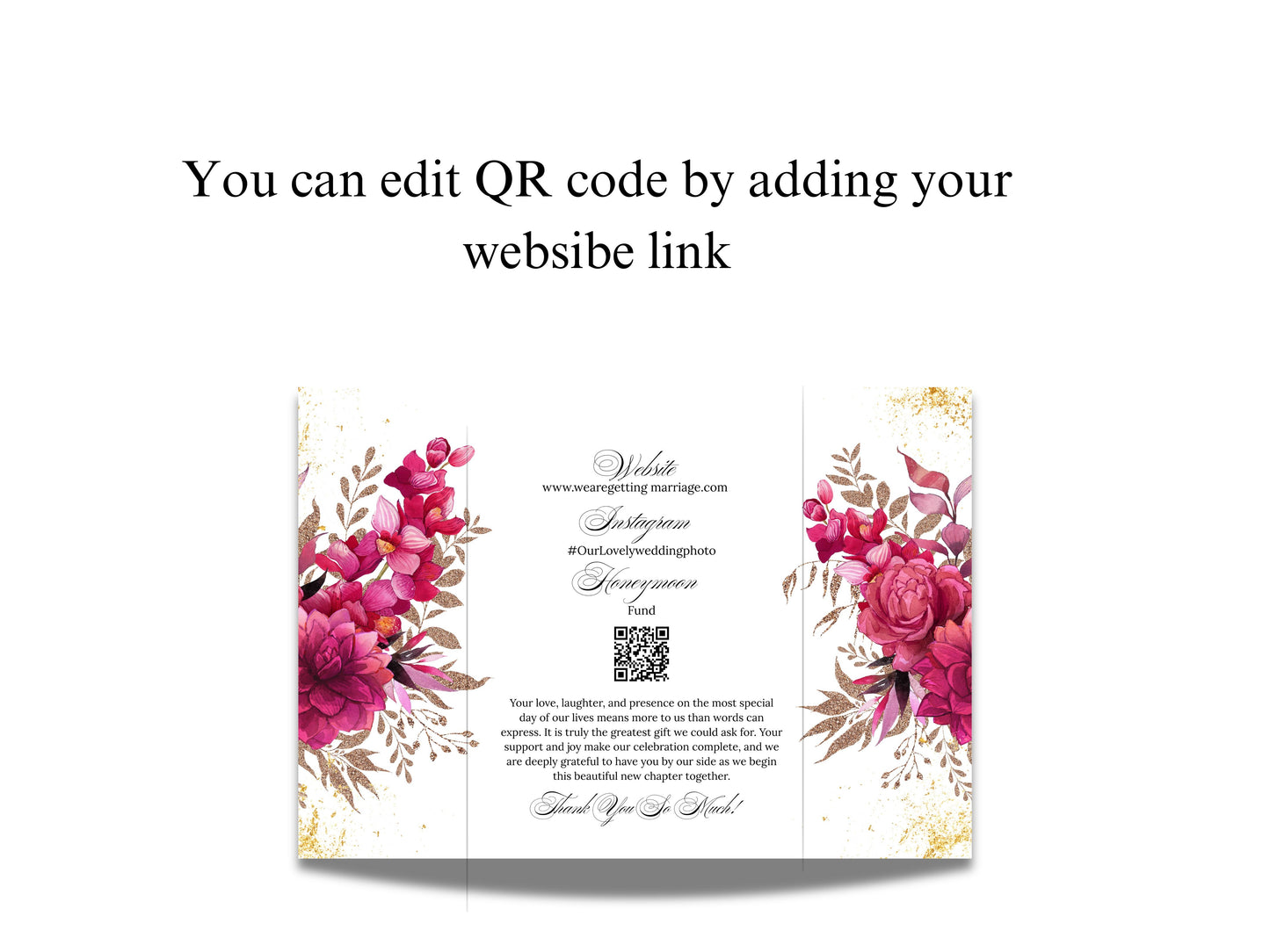 Wedding Invitation Trifold Template Canva, INSTANT DOWNLOAD, Pink Florals Trifold Invite Photo, Floral Pink Trifold Card,Pink Floral. WIB119