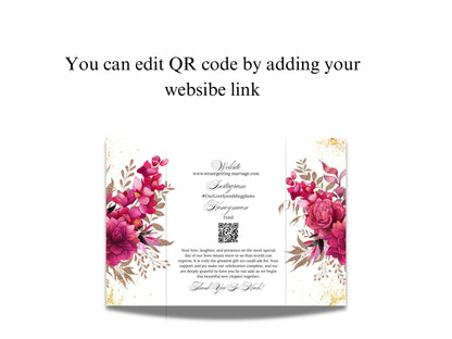 Wedding Invitation Trifold Template Canva, INSTANT DOWNLOAD, Pink Florals Trifold Invite Photo, Floral Pink Trifold Card,Pink Floral. WIB119