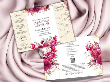 Wedding Invitation Trifold Template Canva, INSTANT DOWNLOAD, Pink Florals Trifold Invite Photo, Floral Pink Trifold Card,Pink Floral. WIB119