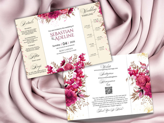 Wedding Invitation Trifold Template Canva, INSTANT DOWNLOAD, Pink Florals Trifold Invite Photo, Floral Pink Trifold Card,Pink Floral. WIB119