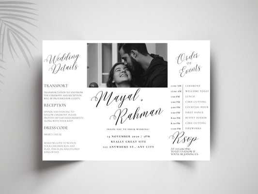Gatefold Wedding Invitation Template | Elegant Black & White Folded Invite with RSVP Timeline | Printable Wedding Card with Photo. WEIB123