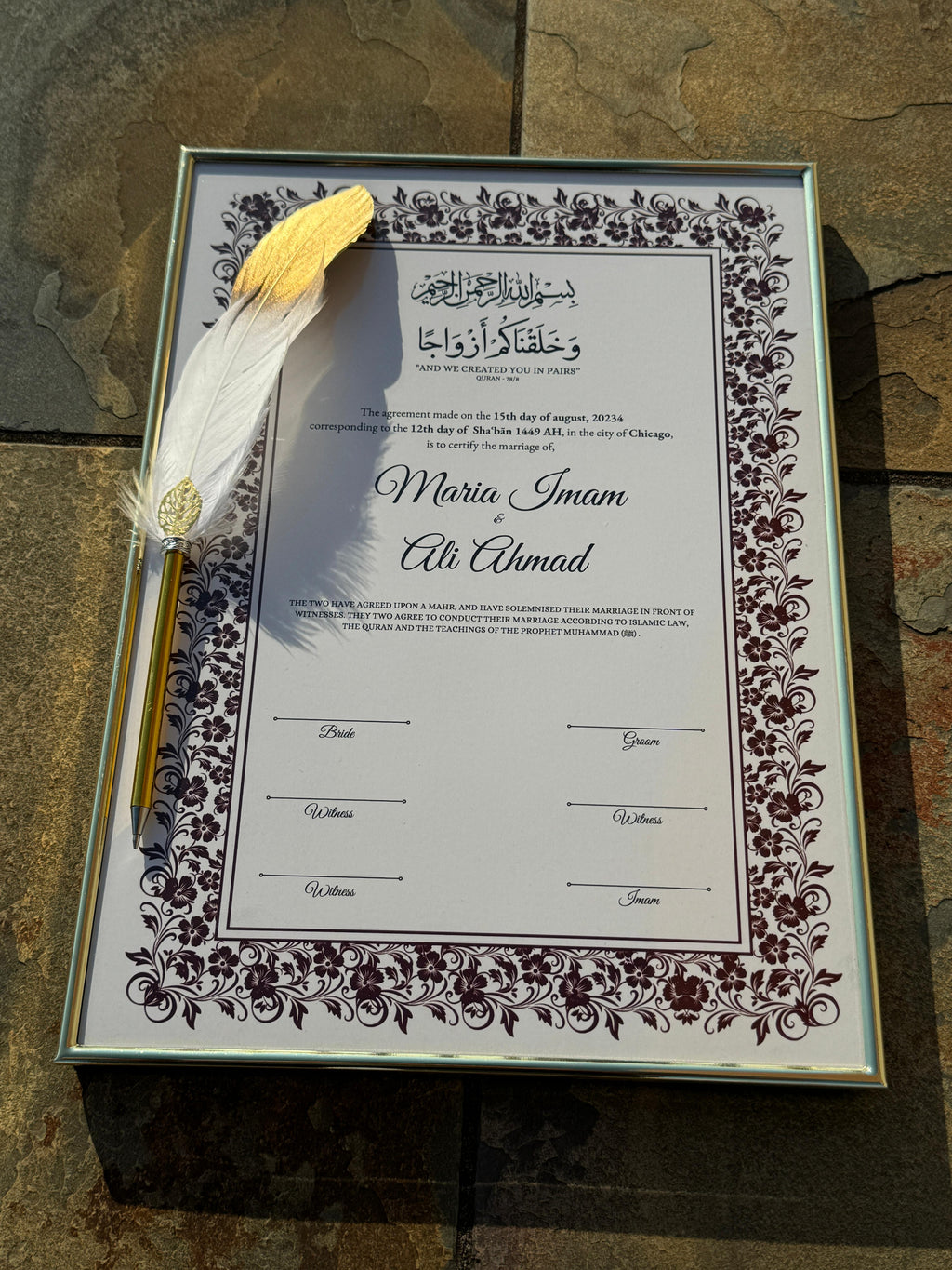 Nikkah Certificate with Feather Pen and Gold Frame