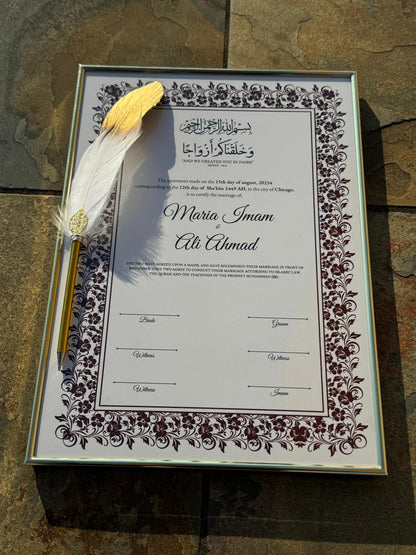 Nikkah Certificate with Feather Pen and Gold Frame