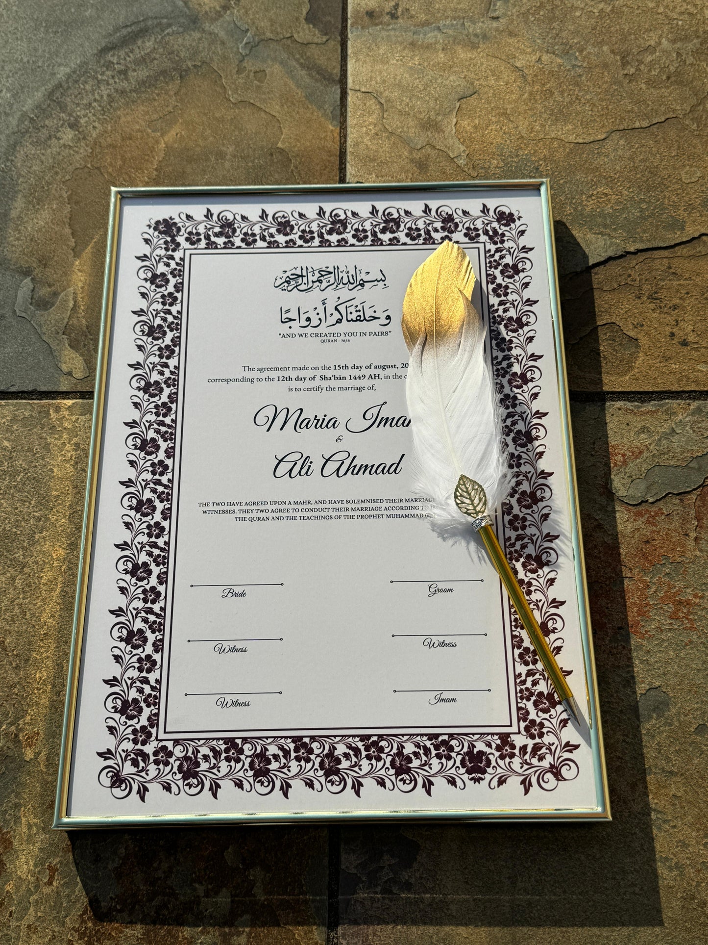 Nikkah Certificate with Feather Pen and Gold Frame