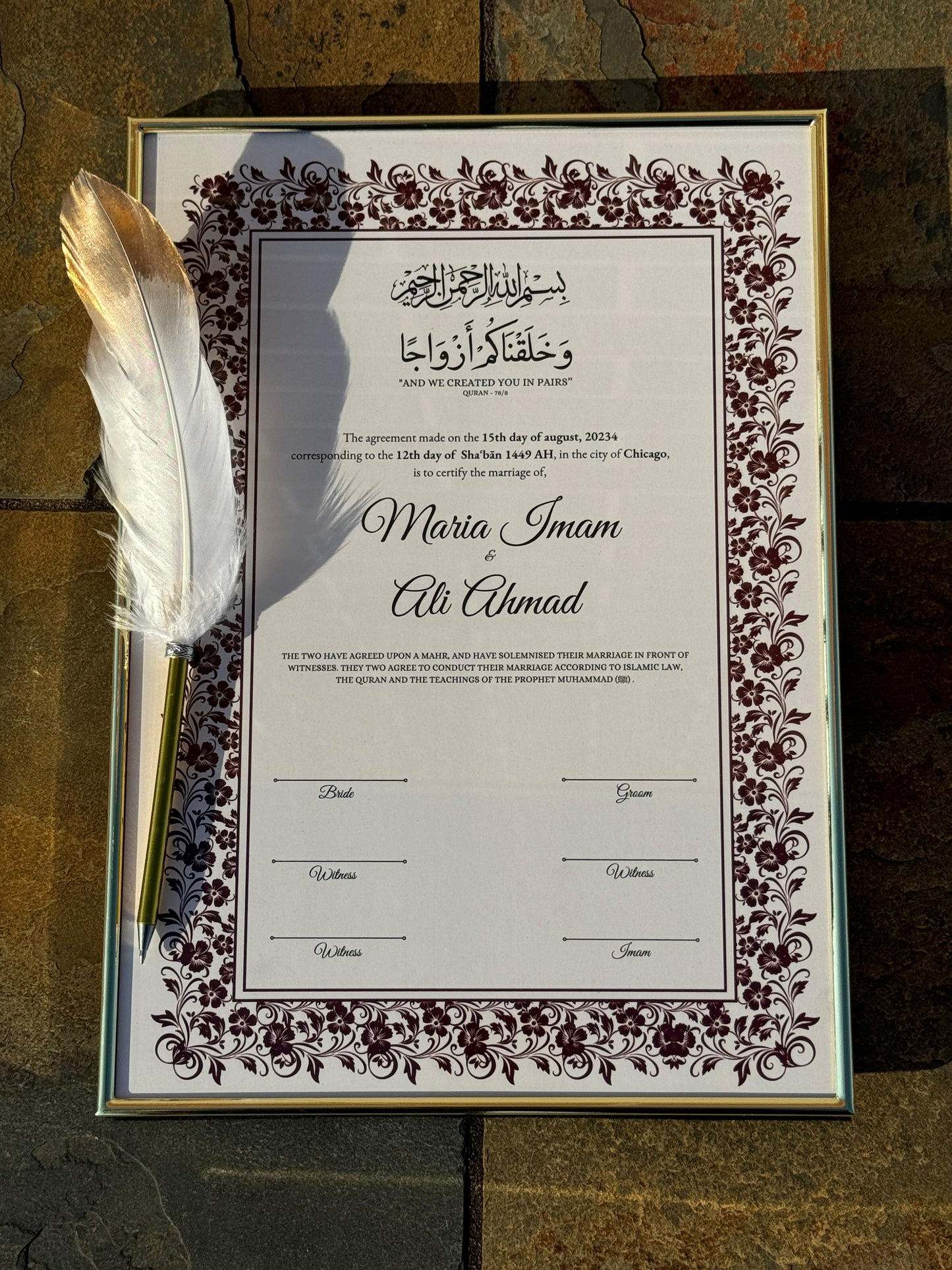 Nikkah Certificate with Feather Pen and Gold Frame