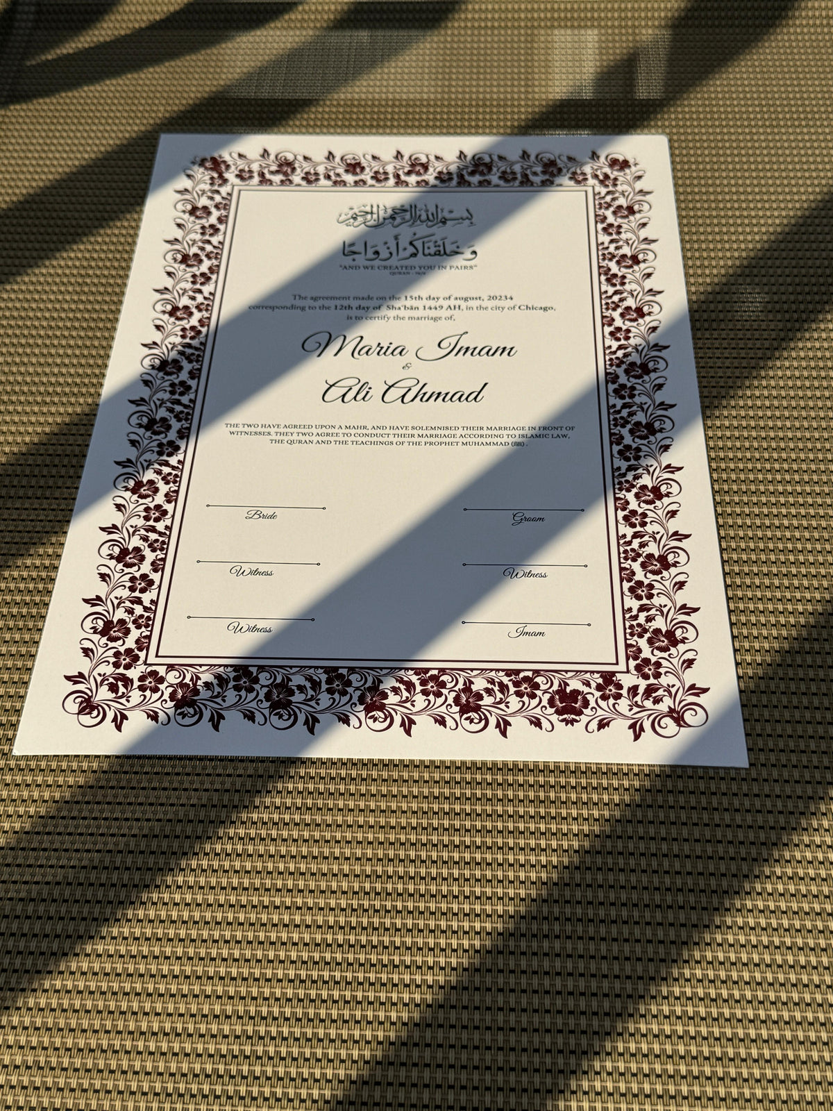 Nikkah Certificate A3, Nikkah Certificate, Nikkahnama, Muslim Marriage Certificate, A3 Certificate. 273