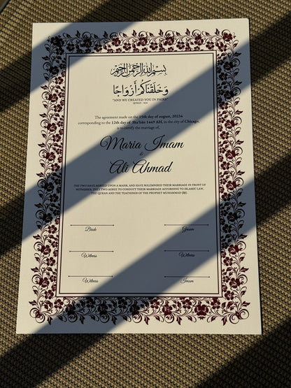 Nikkah Certificate A4, Islamic Wedding Contract, Muslim Marriage Certificate, Nikkah Nama, Personalised Names. Nikkah Certificate, 273