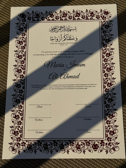 Nikkah Certificate A4, Islamic Wedding Contract, Muslim Marriage Certificate, Nikkah Nama, Personalised Names. Nikkah Certificate, 273