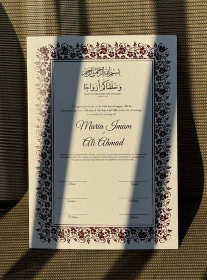 Nikkah Certificate A4, Islamic Wedding Contract, Muslim Marriage Certificate, Nikkah Nama, Personalised Names. Nikkah Certificate, 273