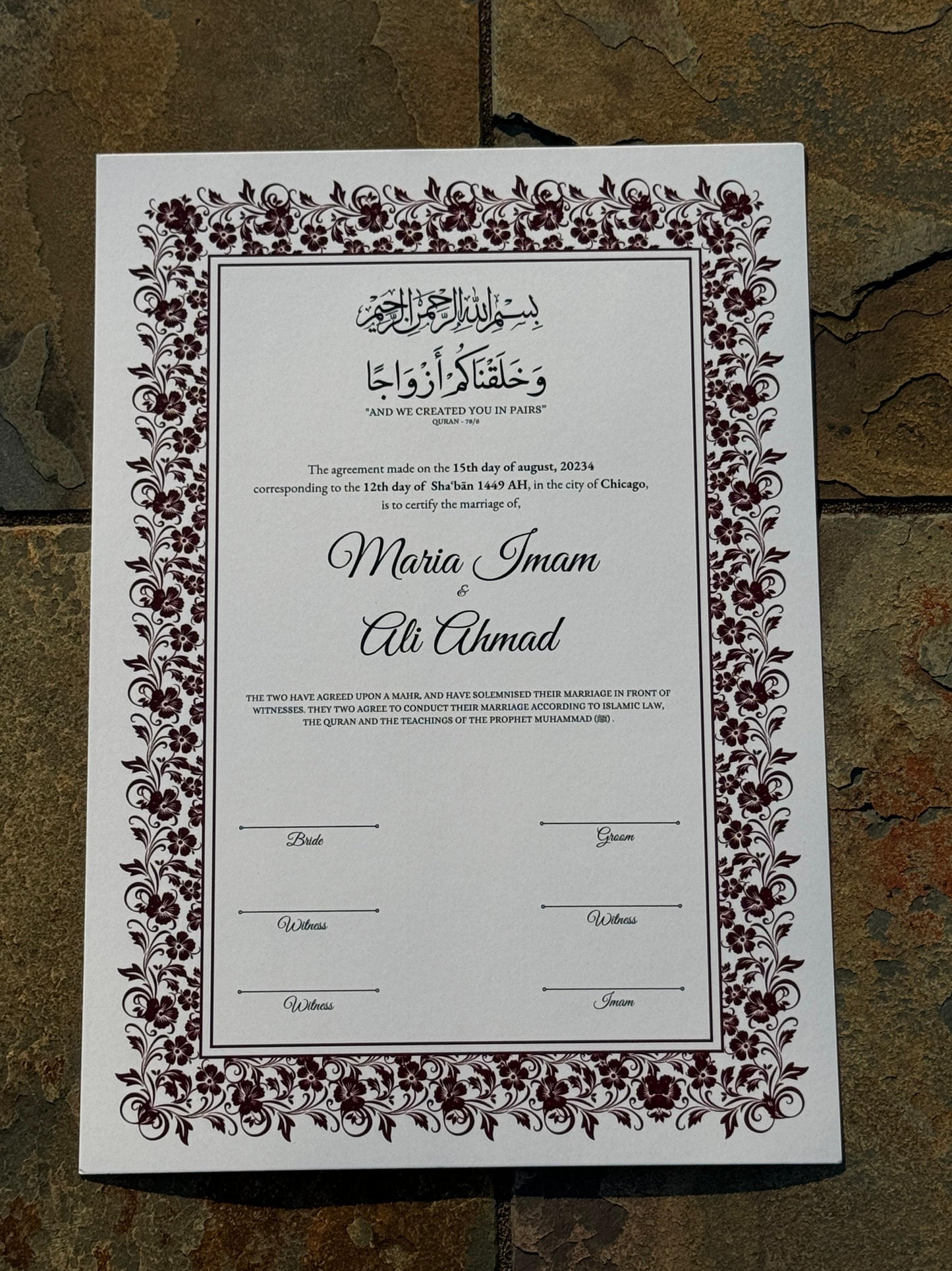 Nikkah Certificate A4, Islamic Wedding Contract, Muslim Marriage Certificate, Nikkah Nama, Personalised Names. Nikkah Certificate, 273