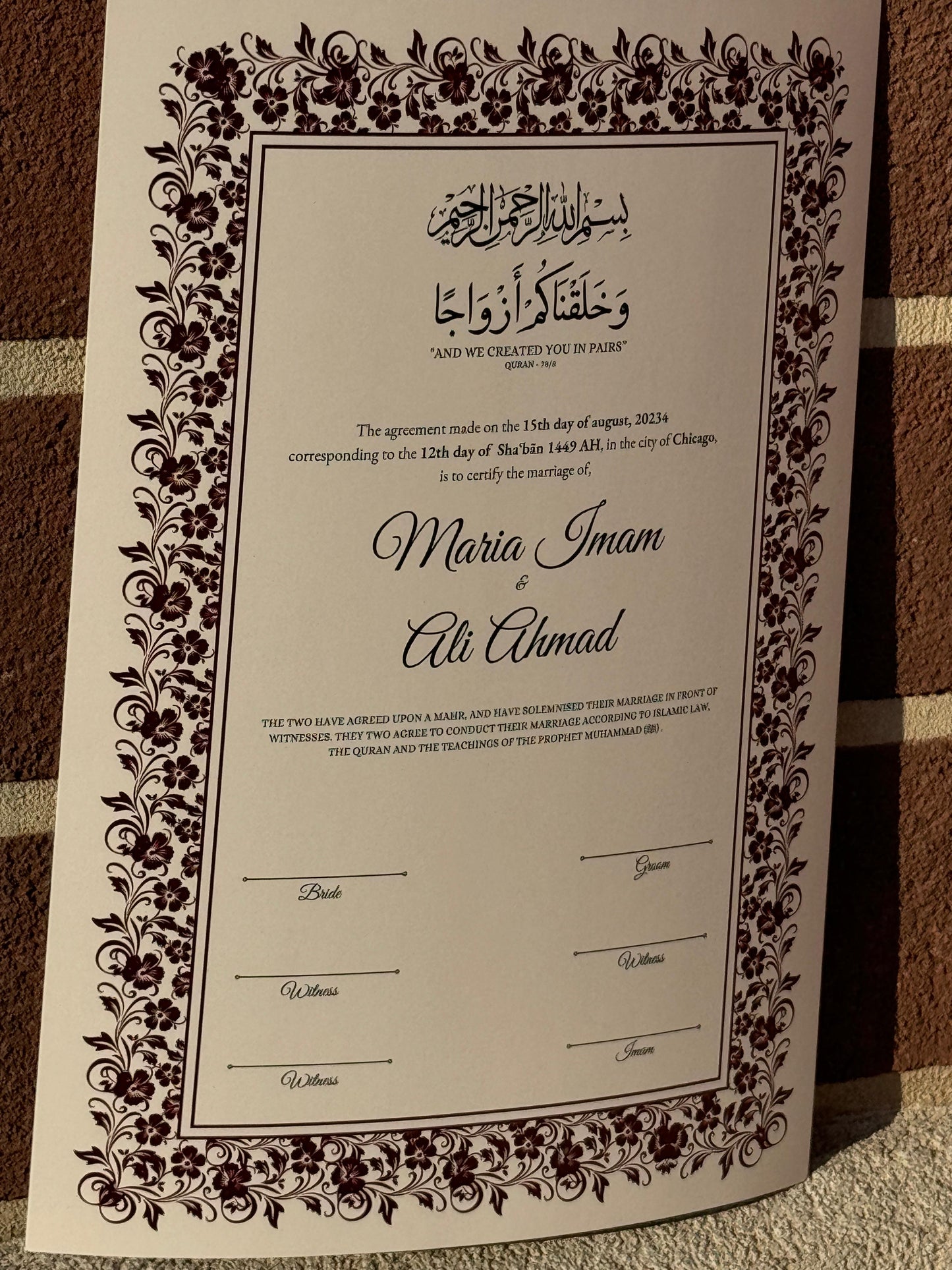 Nikkah Certificate A4, Islamic Wedding Contract, Muslim Marriage Certificate, Nikkah Nama, Personalised Names. Nikkah Certificate, 273